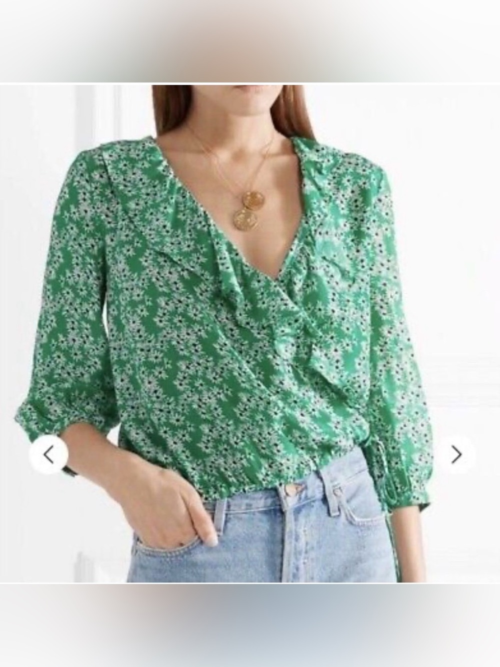 RIXO London Jane Ruffle Blouse 100% Silk Green Floral Flutter Sleeve Top